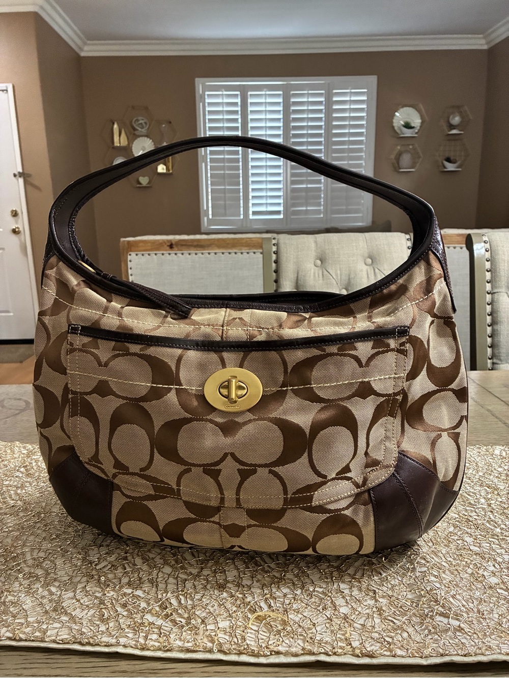 Coach Brown/Tan Signature Canvas Shoulder Bag with Gold Turn-Lock